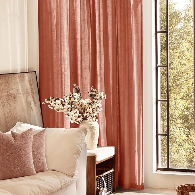 108 inch Linen Terracotta Curtains 2 Panels for Living Room Back Tab Light Filtering Semi Sheer Rust Colored Curtains 108 inches Long Soft Thick Cotton Cloth Textured Rustic Boho Farmhouse Room Decor