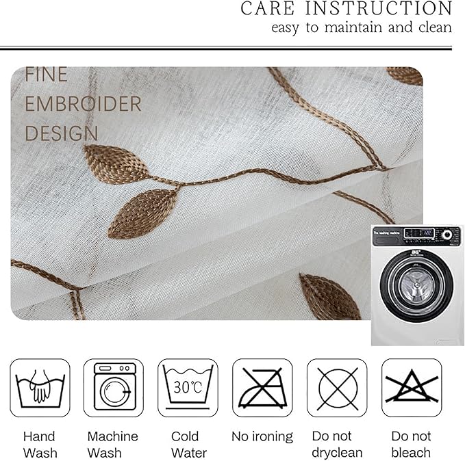 AmHoo 2 Panels Embroidered Leaf Pattern Semi Sheer Curtains Foliage Floral Voile Window Draperies Treatment for Bedroom Living Room Rod Pocket White Brown 53 x 95 Inch
