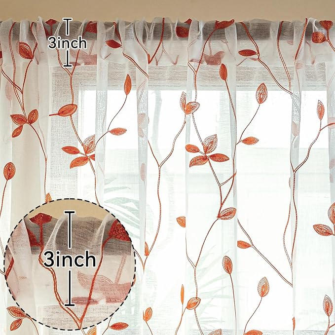 AmHoo 2 Panels Embroidered Leaf Pattern Semi Sheer Curtains Foliage Floral Voile Window Draperies Treatment for Bedroom Living Room Rod Pocket White Burnt Orange 53 x 95 Inch