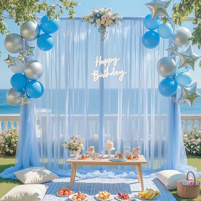 10ft x 12ft Baby Blue Tulle Backdrop Curtain for Baby Shower Party Sheer Fabric Backdrop Curtains for Boy Birthday Gender Reveal Back Drop Wedding Photo Backdrop Drapes Background 2 Panels 5ft x 12ft