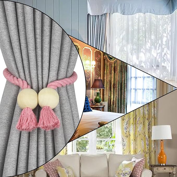 2 Pack Magnetic Curtain Tiebacks Cotton Hand Woven Tie Back Decorative Rope Holdbacks for Curtains Draperies No Tools Required, Pink