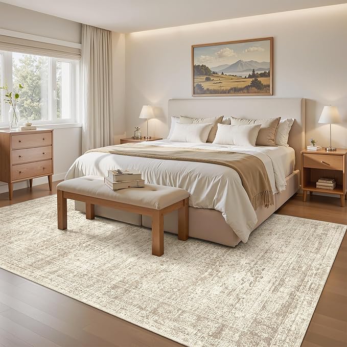 5x7 Area Rugs Beige Low Pile Indoor Washable Trendy Faded Style Rugs for Bedroom Living Room Dining Room Foldable Non-Slip Thin Print Home Office Mat