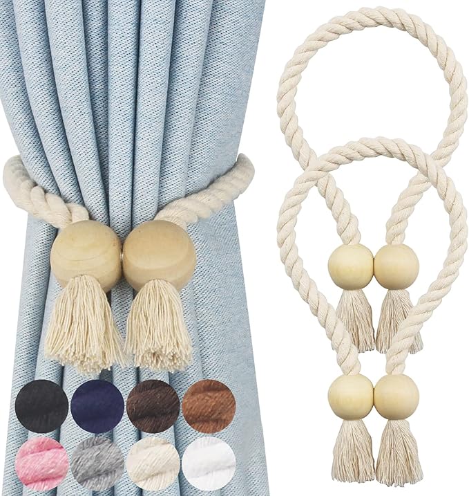2 Pack Magnetic Curtain Tiebacks Cotton Hand Woven Tie Back Decorative Rope Holdbacks for Curtains Draperies No Tools Required, Beige
