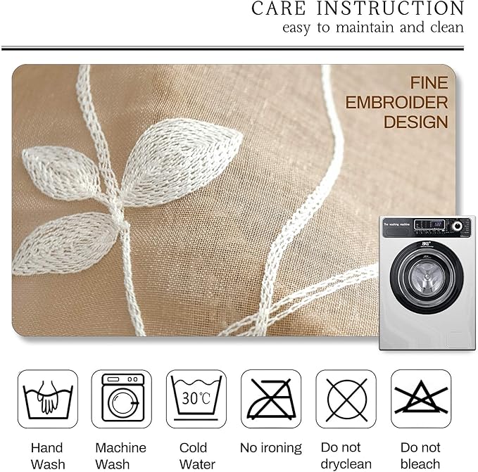 AmHoo 2 Panels Embroidered Leaf Pattern Semi Sheer Curtains Foliage Floral Voile Window Draperies Treatment for Bedroom Living Room Rod Pocket Taupe 53 x 63 Inch
