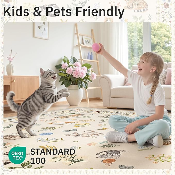 2x3 Cat Rugs for Entryway, Machine Washable Door Mat Animal Floral Small Area Rug Non-Slip Low Pile Soft Throw Rugs for Entrance Kitchen Indoor Front Door Kids Room (2 x 3,Beige)
