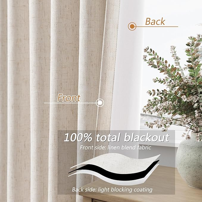 Guken 100% Blackout Linen Curtains 102 Inch Length 2 Panels Set for Living Room Bedroom Back Tab Thermal Insulated Black Out Drapes Room Darkening Room Darkening Farmhosue Window Curtains, 52x102