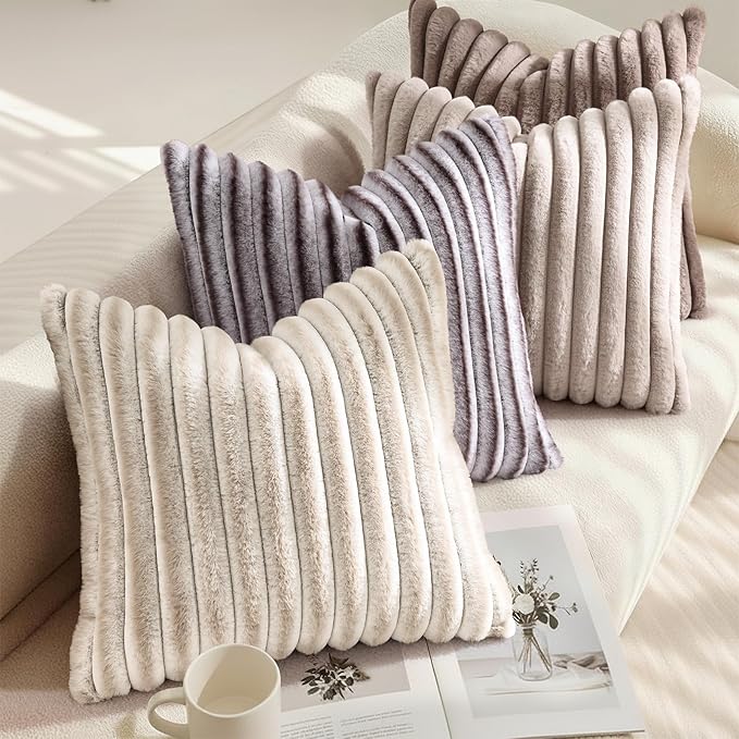 decorUhome Cozy Faux Fur Throw Pillow Covers 12x20 Set of 2 Decorative Soft Plush Striped Lumbar Modern Farmhouse Boho Couch Pillow Cases with Velvet Back for Sofa Bed Living Room, Light Coffee