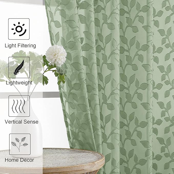 Chyhomenyc Sage Green Sheer Curtains 30 Inch Length, Light Filtering Leaf Tufted Textured Small Window Kitchen Curtain Over Sink, Short Half Window Curtains for Bathroom Basement, 30"Wx30"L, 2 Panels