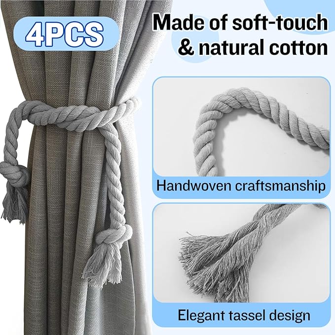 4 Pcs Hand Woven Curtain Tiebacks No Drilling - Boho Drape Holdbacks Rope for Black Blue Grey Light Color Curtains, Decorative Ties for Outdoor Yard Garden Farmhouse Drapery, Grey