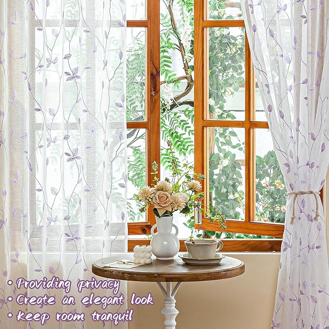 AmHoo 2 Panels Embroidered Leaf Pattern Semi Sheer Curtains Foliage Floral Voile Window Draperies Treatment for Bedroom Living Room Rod Pocket White Lavender Purple 53 x 84 Inch
