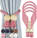 4 Pack Magnetic Curtain Tiebacks Cotton Hand Woven Tie Back Decorative Rope Holdbacks for Curtains Draperies No Tools Required, Pink