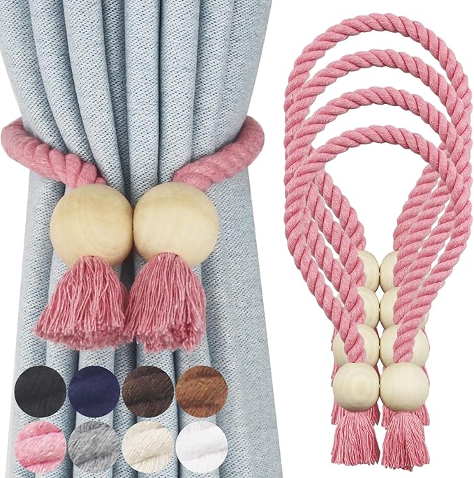 4 Pack Magnetic Curtain Tiebacks Cotton Hand Woven Tie Back Decorative Rope Holdbacks for Curtains Draperies No Tools Required, Pink