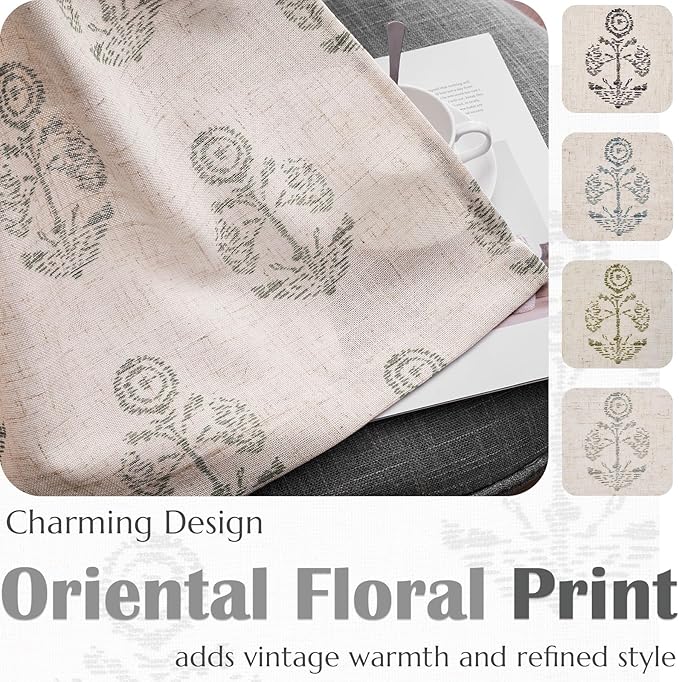 jinchan Linen Floral Curtains for Living Room 84 Inch Length Gray Flower Cottage Core Farmhouse Curtains Rod Pocket Back Tab Boho Semi Sheer Window Drapes Bedroom Set 2 Panels Grey on Beige