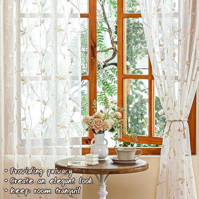 AmHoo 2 Panels Embroidered Leaf Pattern Semi Sheer Curtains Foliage Floral Voile Window Draperies Treatment for Bedroom Living Room Rod Pocket White Beige 53 x 63 Inch