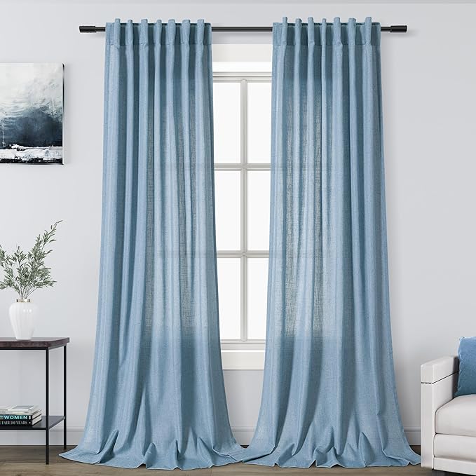 2 Panels Set Blue Linen Curtains 126 Inches Long for Living Room Extra Long Back Tab Curtain Neutral Farmhouse Light Filtering Semi Sheer Linen Drapes Ceiling to Floor for Large Window 52x126
