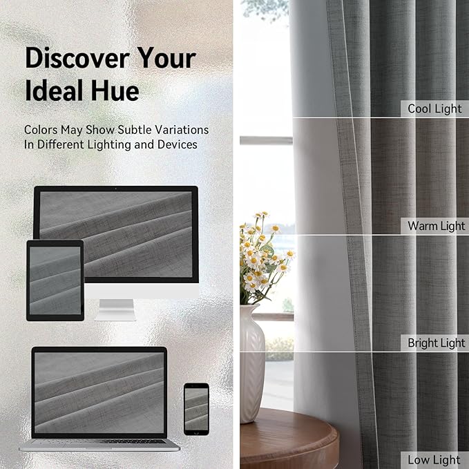 100% Blackout Shield Linen Blackout Curtains for Bedroom, Grey Grommet Curtains for Living Room, Thermal Insulated Room Darkening Drapes for Nursery, Boho Home Decor, 50" W x 72" L, 2 Panels