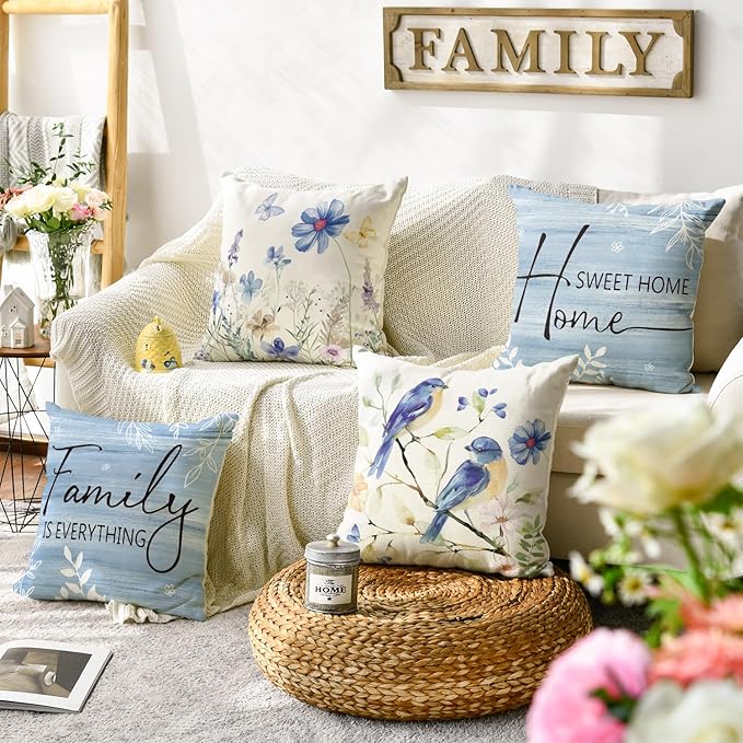 AVOIN colorlife Spring Saying Flowers Butterfly Bird Throw Pillow Covers, 20 x 20 Inch Home Sweet Home Blue Cushion Case for Sofa Couch Set of 4