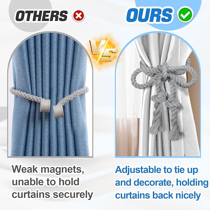 4 Pcs Hand Woven Curtain Tiebacks No Drilling - Boho Drape Holdbacks Rope for Black Blue Grey Light Color Curtains, Decorative Ties for Outdoor Yard Garden Farmhouse Drapery, Grey