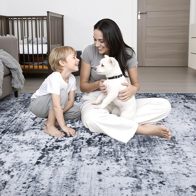 10x12 Area Rug Living Room Rug: Washable Modern Abstract Soft Thin Rug Indoor Floor No Slip Stain Resistant Carpet for Bedroom Dining Room Farmhouse Nursery Home Office - Black