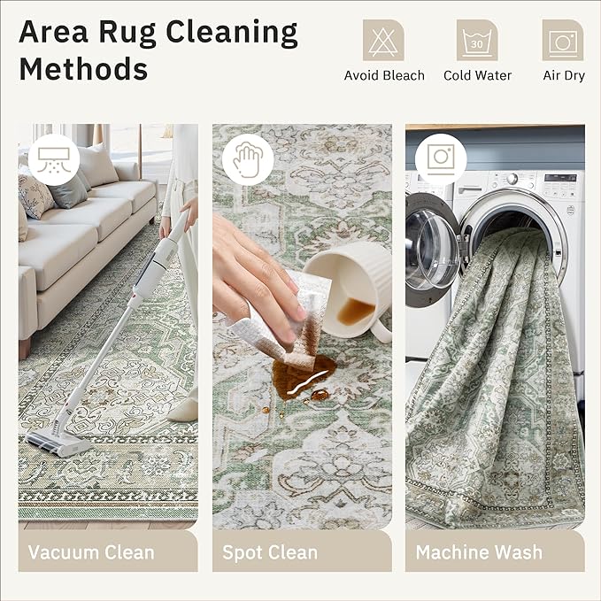 4x6 Area Rugs for Living Room, Vintage Washable Rugs for Dining Room, Bedroom, Home Office Decor, Non-Slip Green/Brown Carpet Thin Rug