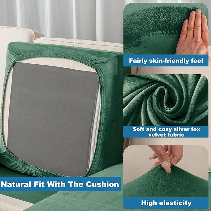 Couch Cover 8-Piece Elastic Velvet Couch Cushion Covers & Chaise Slipcovers for L-Shaped Sofas, Sofa Seat Covers Washable, Soft Cover for Couches (7 Seater + Chaise, Christmas Green)