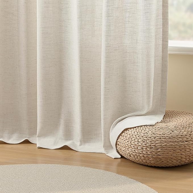 60 Inch Extra Width Pinch Pleated Curtains for Living Room, Light Filtering Modern Privacy Pleated Linen Sheer Curtain with Hooks Rings Back Tab Drapes for Sliding Door, Natural, 1 Panel, W60xL90