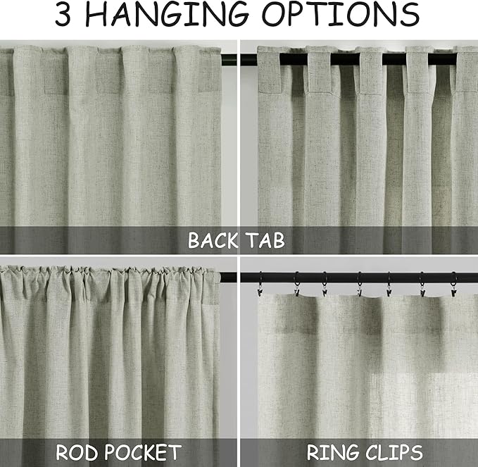 2 Panels Set Sage Green Linen Curtains 126 Inches Long for Living Room Extra Long Back Tab Curtain Neutral Farmhouse Light Filtering Semi Sheer Linen Drapes Ceiling to Floor for Large Window 52x126