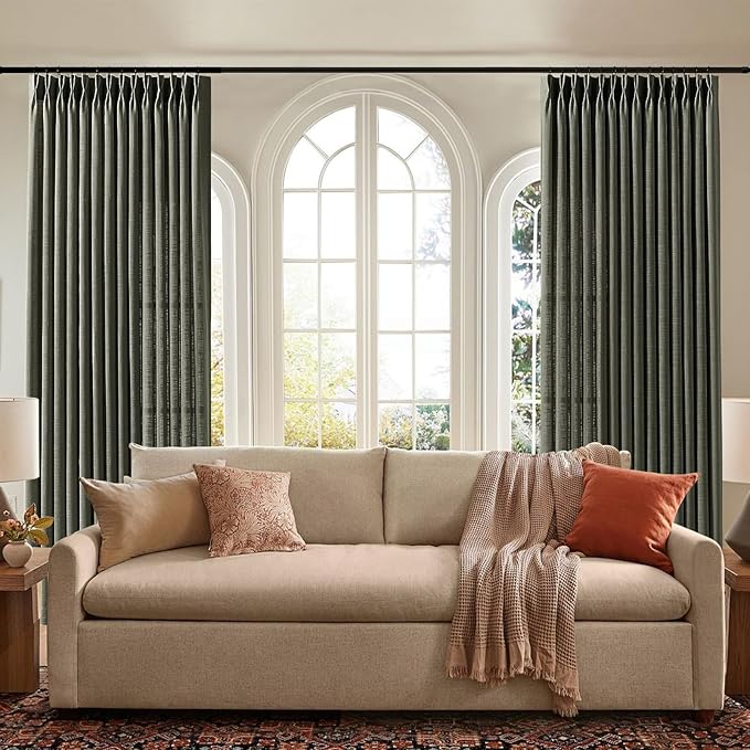 96 Inch Linen Curtains for Living Room, Pinch Pleated Semi Sheer Curtain Rustic Textured Light Filtering Back Tab Drapes with Hooks Rings for Bedroom Farmhouse, Charcoal Grey, W40xL96, 2 Panels