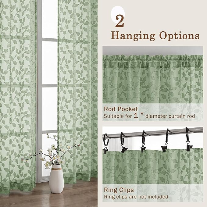 Chyhomenyc Sage Green Sheer Curtains 72 Inches Long 2 Panels Set, Light Filtering Tufted Textured Soft Airy Rod Pocket Elegant Leaf Window Treatment Drapes for Bedroom Living Room, 42" Wx72 L, 2PCS