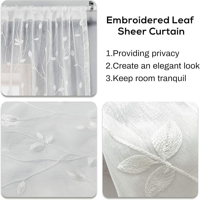 AmHoo 2 Panels Embroidered Leaf Pattern Semi Sheer Curtains Foliage Floral Voile Window Draperies Treatment for Bedroom Living Room Rod Pocket White 53 x 84 Inch