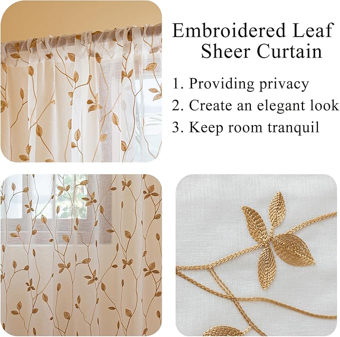 AmHoo 2 Panels Embroidered Leaf Pattern Semi Sheer Curtains Foliage Floral Voile Window Draperies Treatment for Bedroom Living Room Rod Pocket White Taupe 53 x 95 Inch