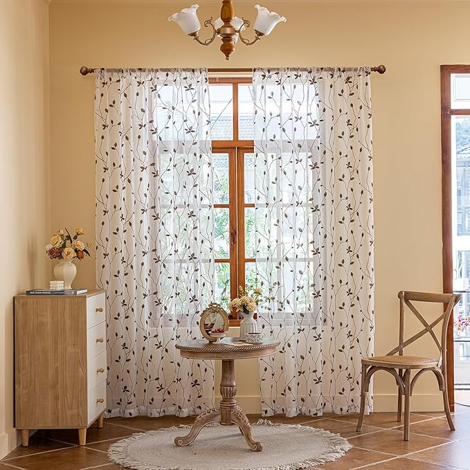 AmHoo 2 Panels Embroidered Leaf Pattern Semi Sheer Curtains Foliage Floral Voile Window Draperies Treatment for Bedroom Living Room Rod Pocket White Brown 53 x 95 Inch