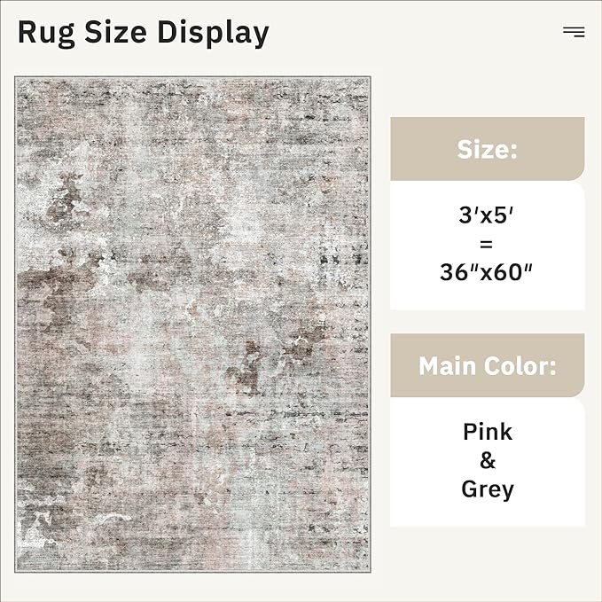 3x5 Rug, Abstract Small Area Rug for Kitchen, Entryway, Machine Washable Non-Slip Throw Rug, Vintage Carpet for Nursery Coffee Table Pink Grey