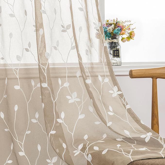 AmHoo 2 Panels Embroidered Leaf Pattern Semi Sheer Curtains Foliage Floral Voile Window Draperies Treatment for Bedroom Living Room Rod Pocket Taupe 53 x 84 Inch