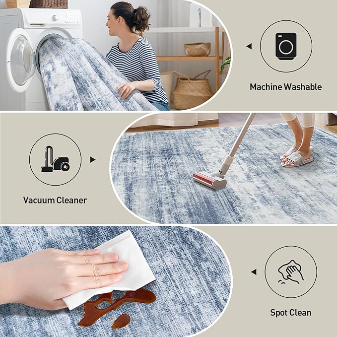 9x12 Area Rugs Washable Rug: Modern Abstract Living Room Rug Soft Anti-Skid Thin Carpet Indoor Floor Non-Shedding Carpets for Bedroom Dining Room Farmhouse Nursery Home Office Blue White