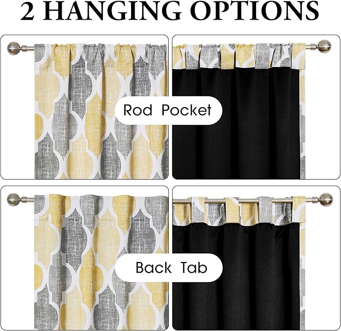 Beauoop 100% Blackout Curtains 63 Inches Long 2 Panels for Bedroom Living Room Yellow Grey Moroccan Geo Room Darkening Thermal Insulated Soundproof Rod Pocket Back Tab Window Treatments Drapes, 50x63