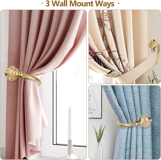 2 Pack Curtain Holdbacks, USFOOK Decorative Window Drapery Tiebacks (2 Pack/1 Pair), Curtain Tie Back Hooks for Wall with Gold Translucent Finials (3.95" L x 3.4" W)