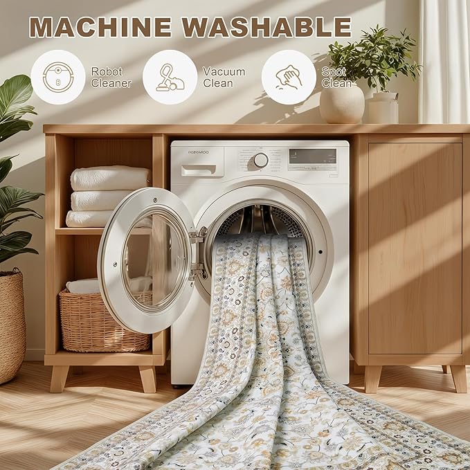 3x5 Area Rugs Living Room Rug: Washable Vintage Boho Rug No Slip Stain Resistant Soft Carpet Indoor Floor Floral Large Carpets for Bedroom Dining Room Farmhouse Nursery Home Office Beige