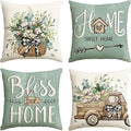 AVOIN colorlife Bless Our Home Farmhouse Eucalyptus Leaves Throw Pillow Covers, 20 x 20 Inch Blue Truck Home Sweet Cushion Case Decorations Set of 4