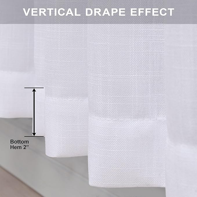 102 Inch Curtains White Linen Drapes for Bedroom 2 Panels Set Back Tab Loop Pocket Cotton Textured Lace Look Semi Sheer Light Filter Curtains for Living Room Bay Window Vintage Farmhouse Decor 52x102