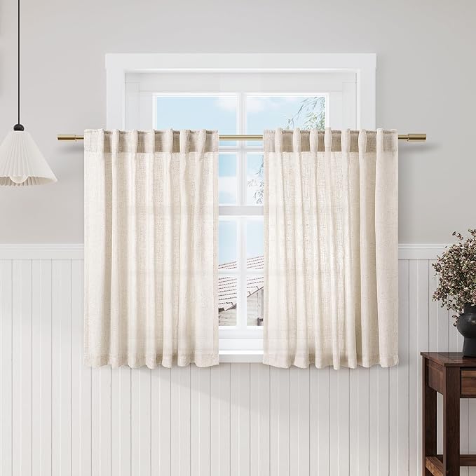 Beige Kitchen Curtains 36 Inch Length Set 2 Panel Back Tab Pocket Semi Sheer Light Filtering Short Drapes Linen Modern Farmhouse Curtain Tiers for Cafe Bathroom Basement Small Window 52x36
