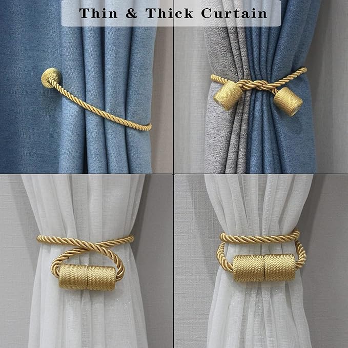 4 Pack Gold Strong Magnetic Curtain Tiebacks Outdoor Elegant Decorative Tie Backs Modern Rope Tiebacks for Drapes Window Curtain Holdbacks for Draperies