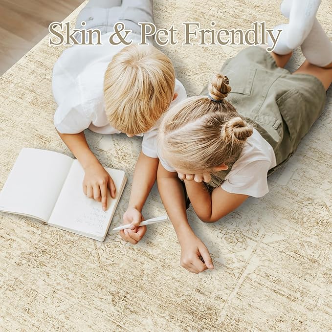 5x7 Area Rugs Beige Low Pile Indoor Washable Trendy Faded Style Floral Rugs for Bedroom Living Room Dining Room Foldable Non-Slip Thin Print Mat