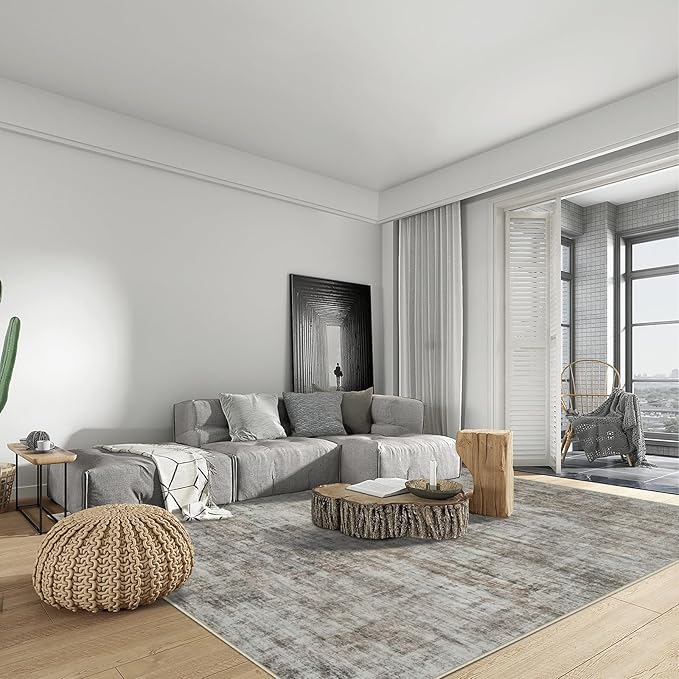 5x7 Area Rugs Washable Rug: Modern Abstract Living Room Rug Soft Anti-Skid Thin Carpet Indoor Floor Non-Shedding Carpets for Bedroom Dining Room Farmhouse Nursery Home Office Brown Black