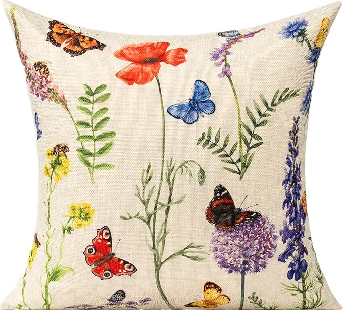 All Smiles Outdoor Patio Throw Pillow Covers 18x18 Set of 4 Spring Summer Garden Flowers Farmhouse Décor Outside Furniture Bench Chair Decorative Cushion Cases for Swing Deep Seat Bed Couch Sofa