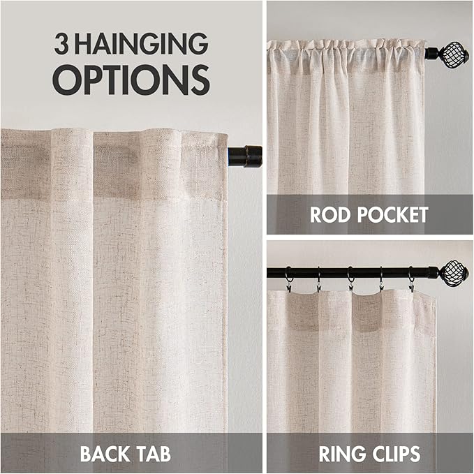MIULEE Natural White Linen Curtains 132 Inch Length 2 Panels for Bedroom Living Room, Soft Thick Linen Textured Window Drapes Semi Sheer Light Filtering Back Tab Rod Pocket Burlap Look Decor