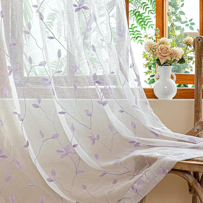 AmHoo 2 Panels Embroidered Leaf Pattern Semi Sheer Curtains Foliage Floral Voile Window Draperies Treatment for Bedroom Living Room Rod Pocket White Lavender Purple 53 x 95 Inch