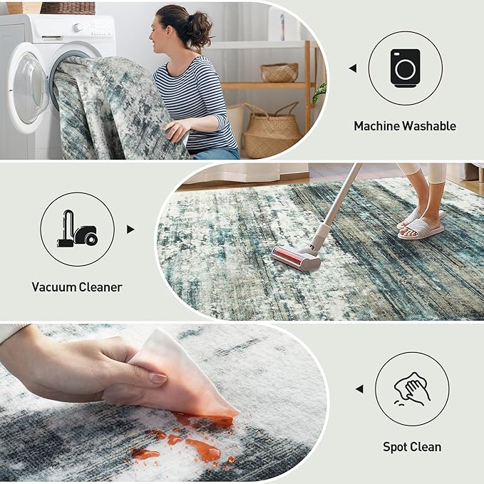 4x6 Area Rugs Washable Rug: Modern Abstract Living Room Rug Soft Anti-Skid Thin Carpet Indoor Floor Non-Shedding Carpets for Bedroom Dining Room Farmhouse Nursery Home Office - Green Multi