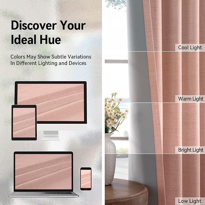 100% Blackout Shield Linen Blackout Curtains for Bedroom, Blush Pink Grommet Curtains for Living Room, Thermal Insulated Room Darkening Drapes for Nursery, Boho Home Decor, 50" W x 90" L, 2 Panels