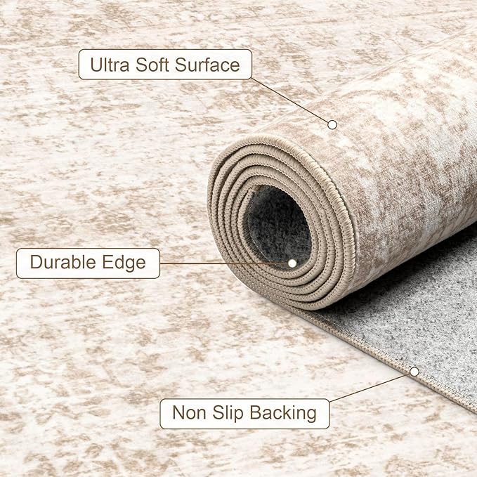 2x3 Area Rugs Living Room Rug: Washable Vintage Boho Rug No Slip Stain Resistant Soft Carpet Indoor Floor Floral Large Carpets for Bedroom Dining Room Farmhouse Nursery Hallway Home Office Beige